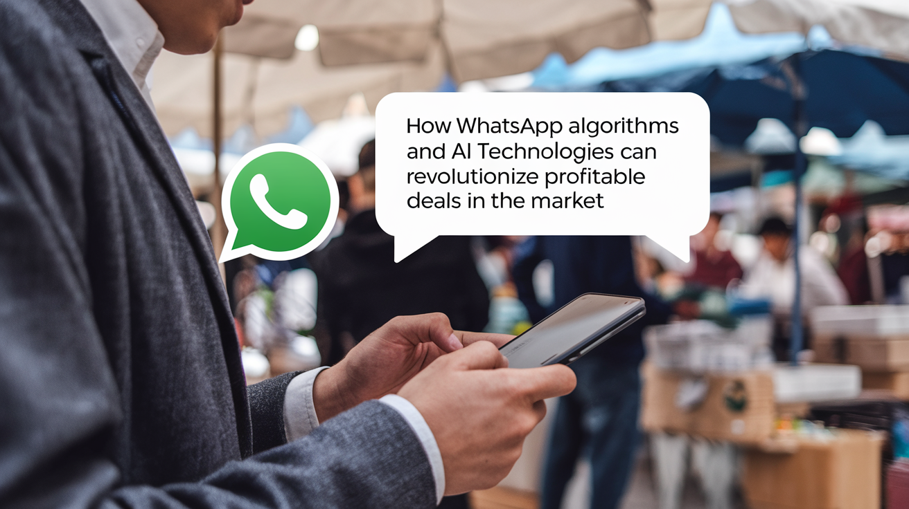 A visual representation of a WhatsApp chat with a business owner. The business owner is typing a message that says "How WhatsApp Algorithms and AI Technologies Can Revolutionize Profitable Deals in the Market". There is a WhatsApp icon in the corner of the chat. The background is a market scene with stalls and people.